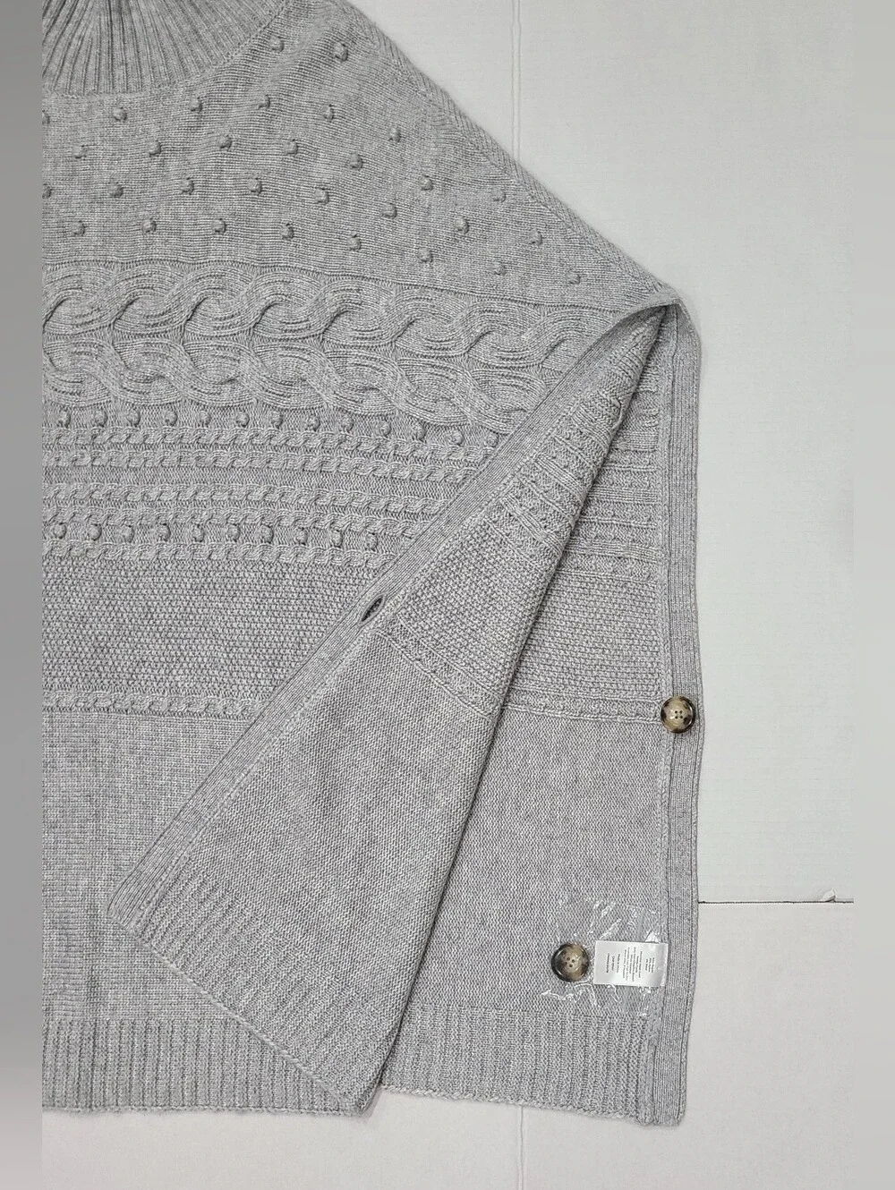 Talbots Cable Knit Mockneck Poncho Sweater Gray Bobble Popcorn Sz Small NWT